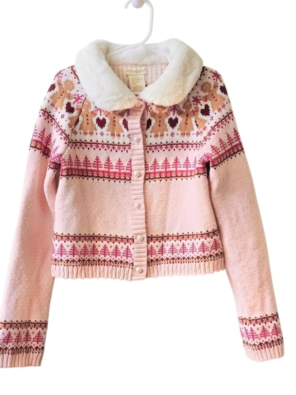 Girl's Cynthia Rowley Pink Knit Faux Fur Collar Gingerbread Sweater Size Med 7/8
